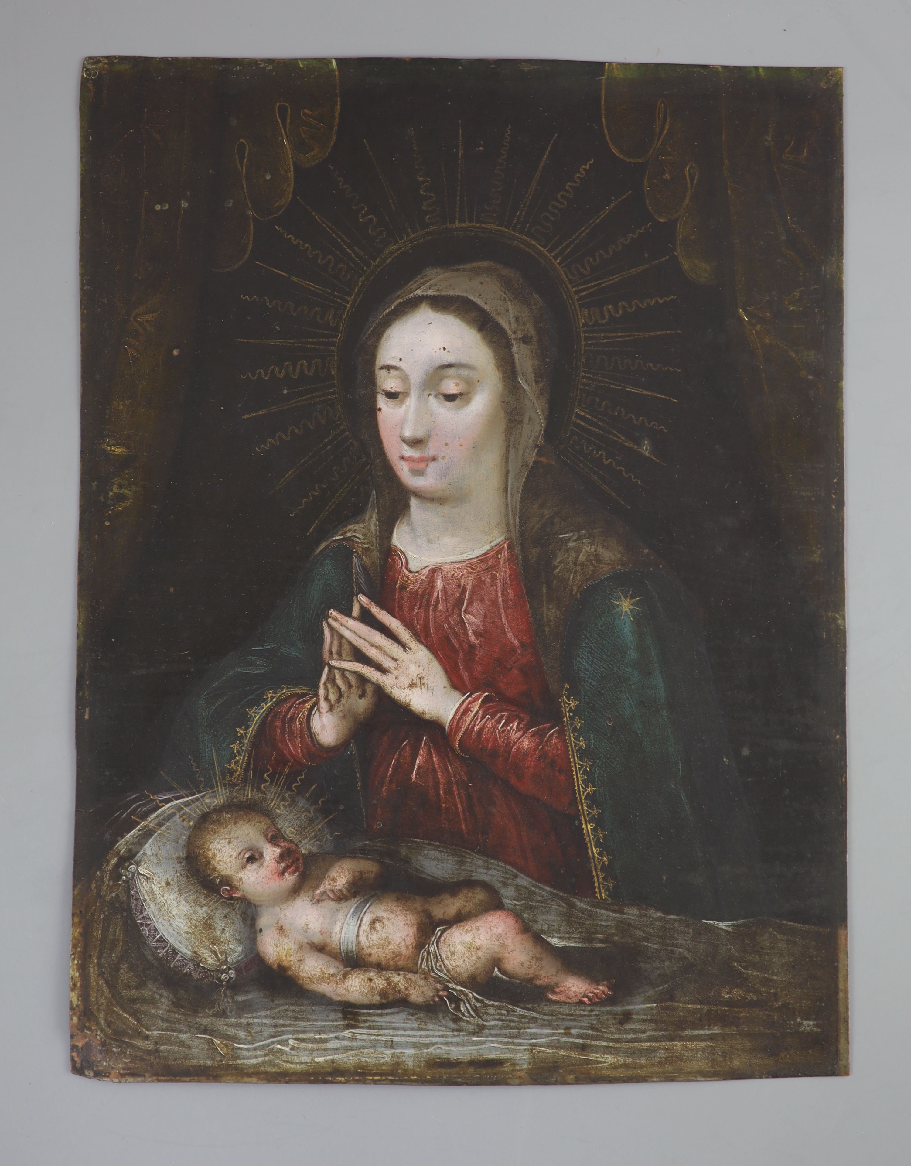 17th Century Spanish School , The Madonna and Child, oil on copper panel, 29 x 22cm, unframed